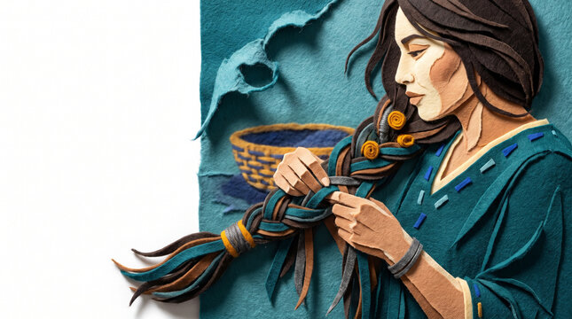 Indigenous woman braiding hair in traditional clothing with basket  