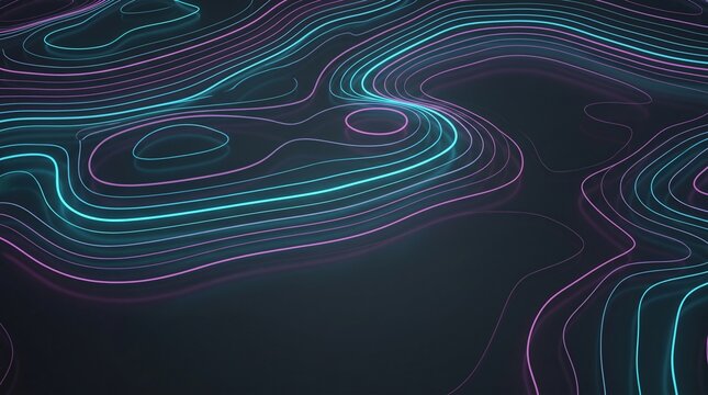 Abstract topographic map with glowing neon cyan and magenta contour lines, futuristic digital landscape and modern data visualization background.