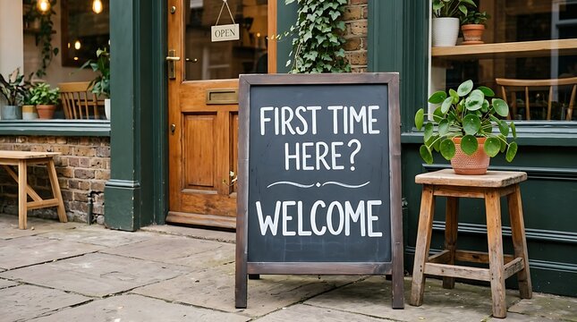 A sidewalk chalkboard sign saying first time here welcome placed outside a charming small business cafe entrance