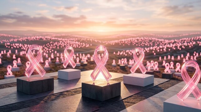 Glowing pink ribbons on stone pedestals in a vast landscape, breast cancer awareness campaign and medical support symbol for global health advocacy and charity events.