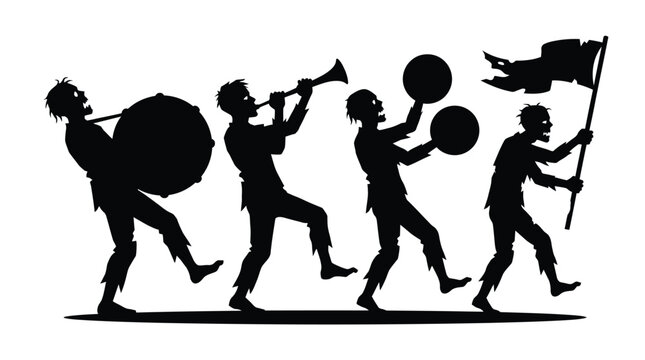 Scary zombie marching band playing musical instruments as a black silhouette vector graphic design illustration art