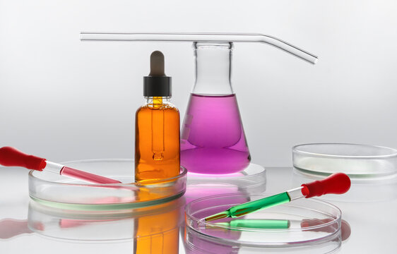 Laboratory Glassware with Serum Dropper Bottle and Petri Dishes