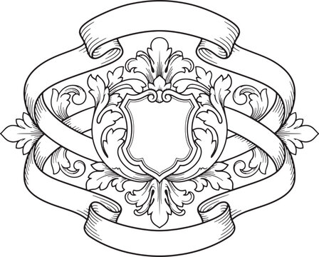 Ornamental shield with scrolling filigree and flowing ribbon for traditional brand badge design.
