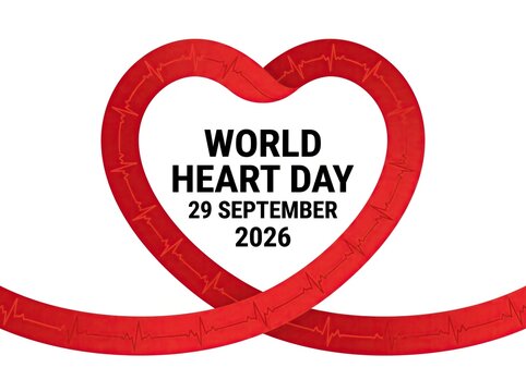 World Heart Day typography with red ribbon heartbeat line, medical awareness campaign and cardiovascular health education event.
