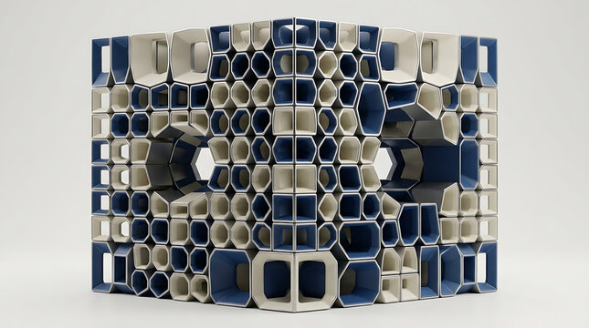 Creative geometric modular structure made from interlocking hexagonal blocks transparent background