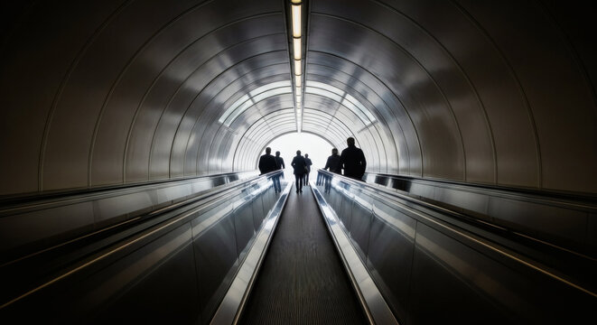 Silhouetted figures walk through bright tunnel exit on moving walkway