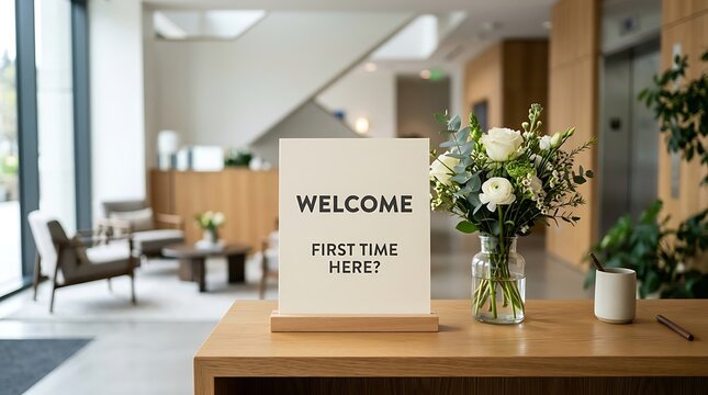 A welcome sign saying first time here placed on a wooden reception desk with a fresh flower bouquet in an office lobby