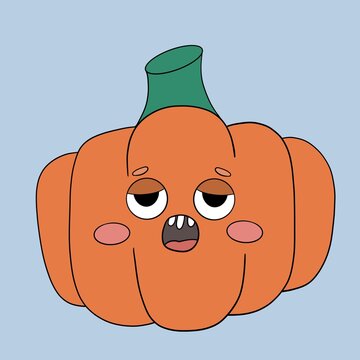 Funny pumpkin with ugly face, orange cartoon character, doodle illustration 