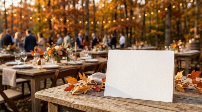Blank wedding card mockup on rustic table at outdoor autumn reception with golden foliage and warm sunlight