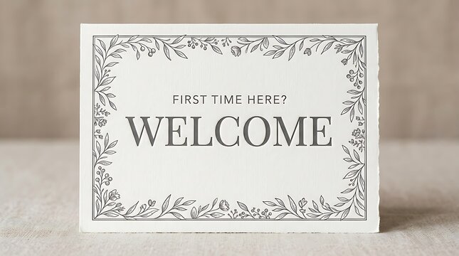 First time here welcome message on an elegant stationery card with botanical line art illustration on beige background