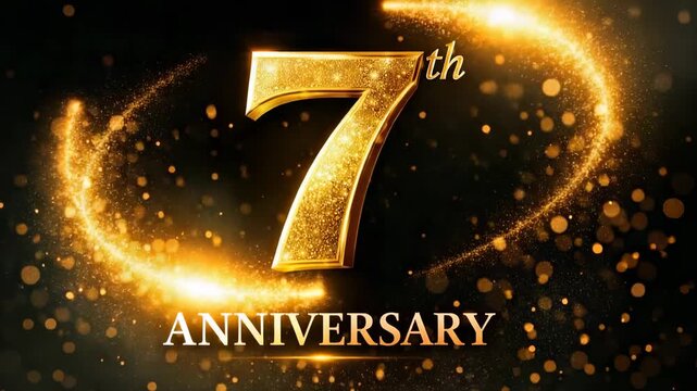 Golden seventh anniversary celebration design with glowing number seven and sparkling lights