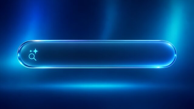 Glassmorphic Search Bar UI Element with Glowing Magnifying Glass and Sparkles
