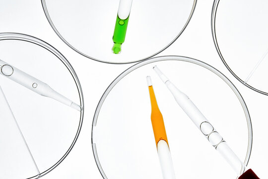 Laboratory Glass Pipettes with Colorful Liquids in Petri Dishes.