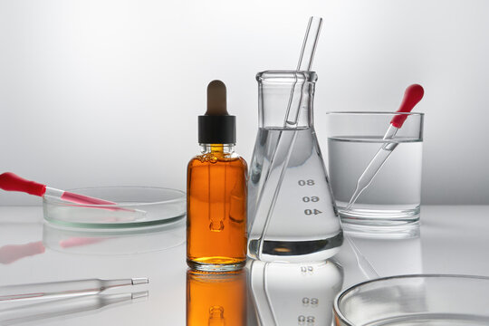 Laboratory Glassware with Serum Dropper Bottle, Flask and Petri Dishes