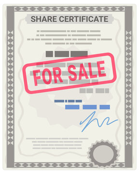 Share certificate stamped for sale, symbolizing corporate equity divestment, company acquisition, business buyout, and stock trading. (cut out)