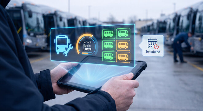 manager holds glowing fleet maintenance hologram with service gauge and vehicle status grid to verify bus readiness, confirm maintenance schedule, manage transportation workflow
