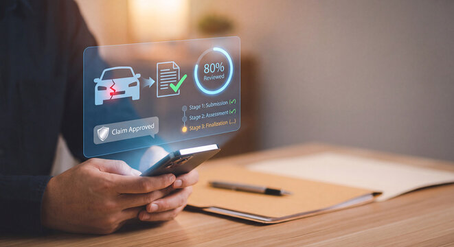 adjuster holds glowing claims processing hologram with damage icon and approval status to verify coverage decision, confirm review progress, manage insurance workflow