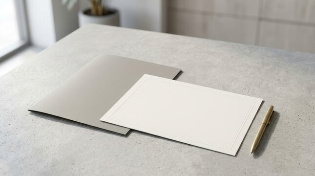 Blank Award Certificate and Minimalist Grey Presentation Folder with Gold Pen on Textured Concrete Desk, Mockup for Scholarship Fund, Recognition, or Community Investment.