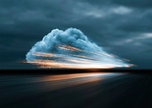A glowing blue cloud icon made of light trails and data streams, moving at high speed with motion blur.