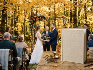 Obraz premium Blank linen vow book mockup at autumn outdoor wedding ceremony