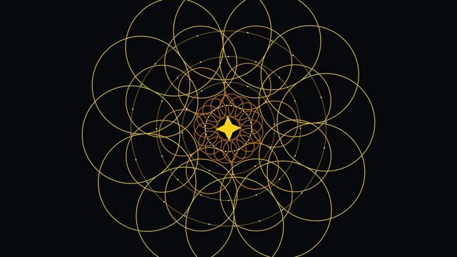 Abstract Golden Geometric Mandala Rotating With Glowing Central Star Shape