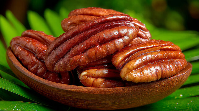 Close up of shelled pecan nuts in a wooden bowl on a green leaf background with green leaves