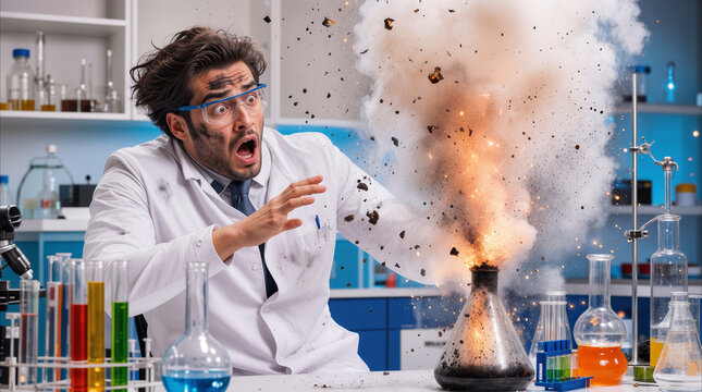 Mad scientist reacting to chemical explosion in laboratory. Disheveled chemist with soot on face experiencing failed experiment with smoke and sparks.