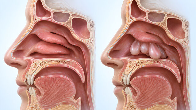 Nasal cavity normal anatomy versus nasal polyps comparison, photorealistic medical 3D illustration for otolaryngology education, patient awareness, clinical presentation, and healthcare design