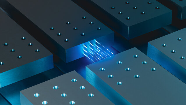 Metallic Module Network Transmitting Glowing Digital Data