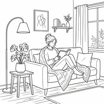 woman reading book on sofa in cozy living room line art icon vector graphic illustration