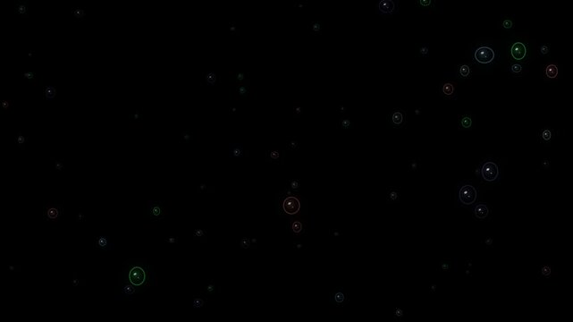 Scattered glowing circles appear in varying colors against a solid black background.