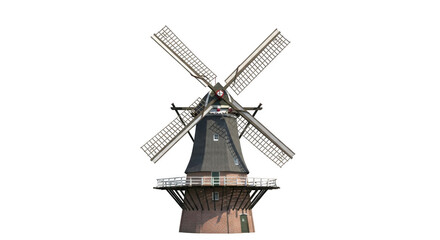 Fototapeta premium Traditional Dutch windmill with rotating sails against a clean background for agricultural concepts Isolated on transparent background