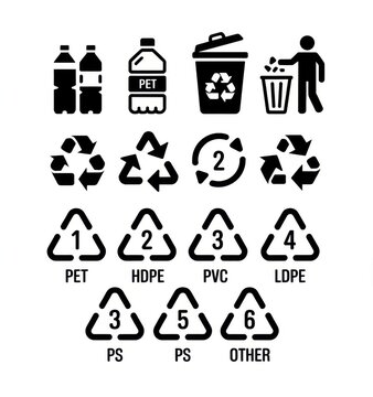 Set of black recycling and plastic resin identification code icons on a white background