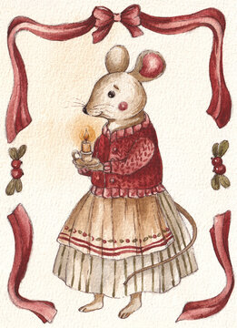 Cute mouse holding candle watercolor illustration with ribbon