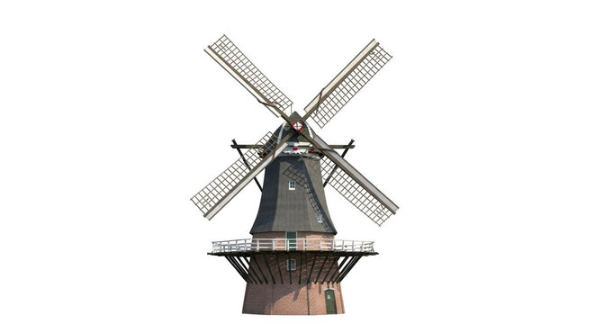 Traditional Dutch windmill with rotating sails against a clean background for agricultural concepts Isolated on transparent background