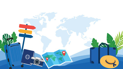 Fototapeta premium World Travel And Vacation Flat Vector Concept Background With Luggage Passport Camera And Map