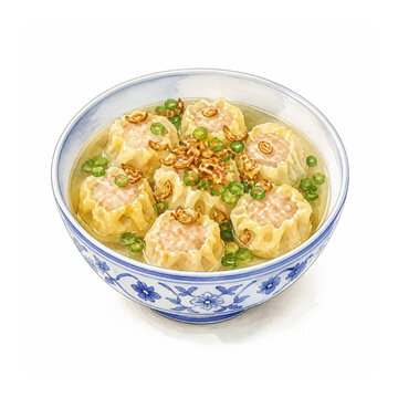 watercolor painting of steamed dumplings shumai siomay in a clear broth soup bowl, garnished with scallions