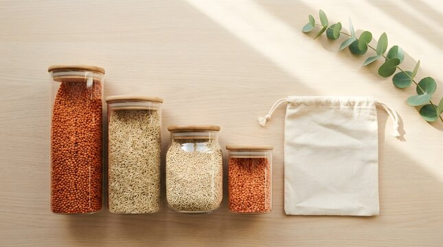 Row of glass food jars with bamboo lids filled with lentils, rice, and quinoa beside reusable cotton drawstring pouch on light wooden table.