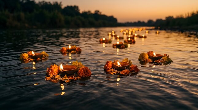 Burning clay diya oil lamps decorated with orange marigolds floating along a calm river at sunset during the Indian festival of Dev Deepawali.