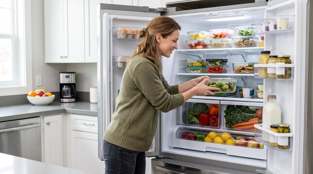 Woman organizing healthy food in a modern refrigerator filled with fresh produce and meal prep containers