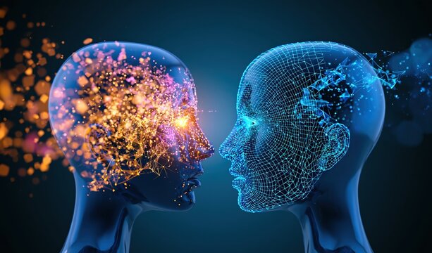 Digital artwork depicting a conceptual interaction between AI and human cognition, featuring two stylized heads with vibrant neural networks and digital patterns, symbolizing knowledge exchange and.
