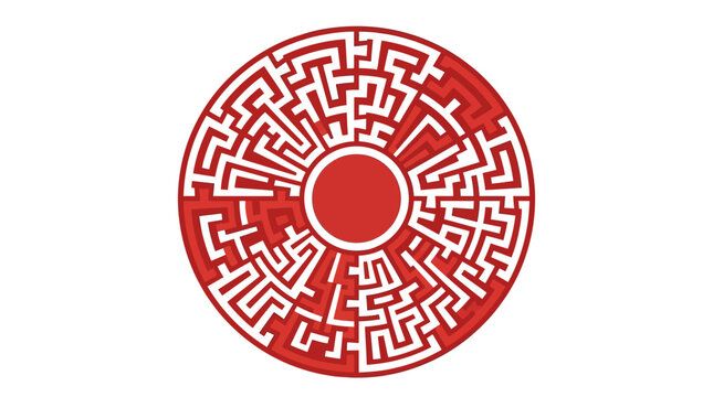 A complex circular red maze with a solid red circle at its center, set against a white background.