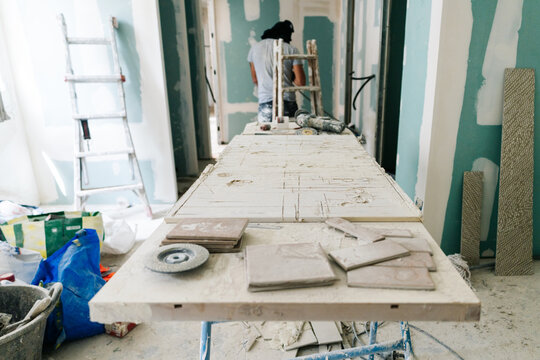 Construction workbench in renovated apartment