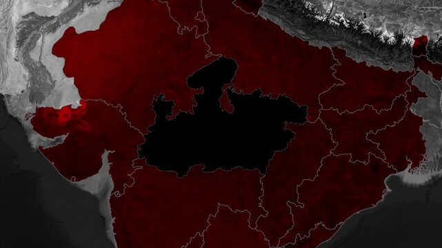 madhya pradesh india map animation with highlighted state boundaries, dark red geographic design for news presentations