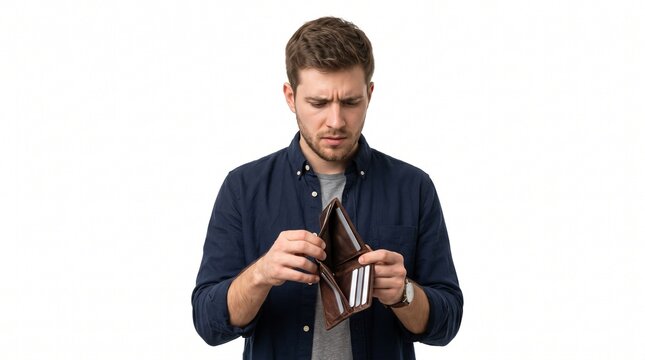 Young Man Looking at Empty Wallet with Concerned Expression on White Background