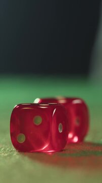 Close up of a player hand throwing two red dice on a green felt casino table during a game of craps, gambling and betting concept with luck and chance.