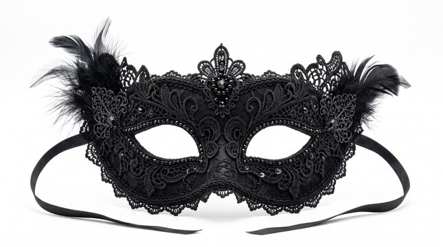 Elegant Black Lace Masquerade Mask with Feathers and Jewels for Parties and Events