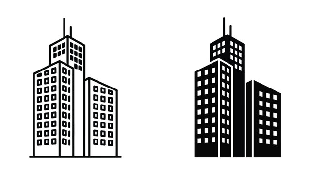 Modern city skyscraper buildings icon in outline and solid black styles