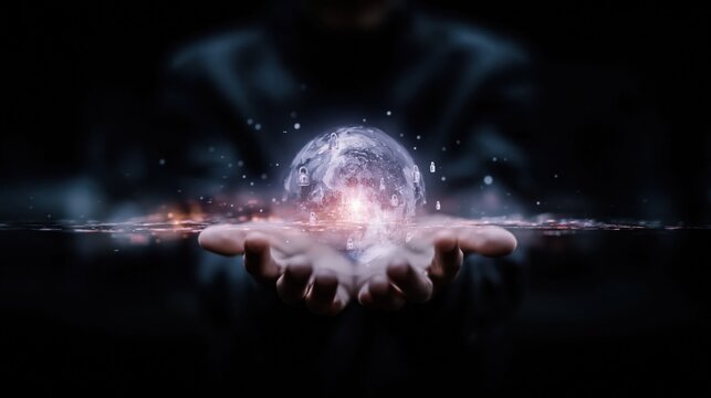 Watercolor style digital art depicting hands holding a glowing data sphere surrounded by small floating locks, suggesting trust, security, and ethical technology.