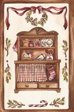 Vintage watercolor Christmas kitchen hutch with festive decor